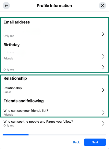 Facebook's Profile information window under Privacy Checkup.