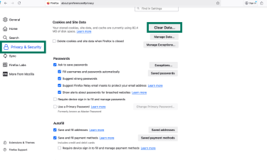 Firefox Privacy & Security settings showing the Clear Data button under Cookies and Site Data.