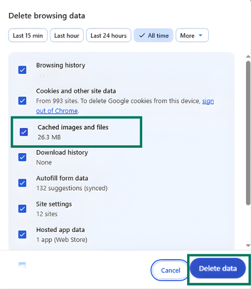 A screenshot of Chrome's Delete browsing data window with Cached images and files selected and highlighted