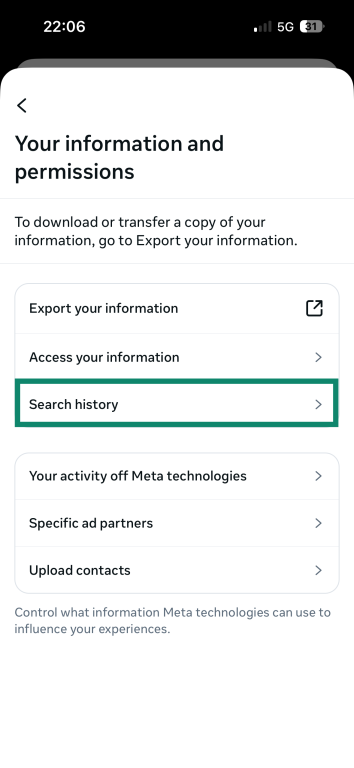 The "Your information and permission" window in the "Accounts Center" menu on the iOS Facebook app. The "Search history" option is highlighted.