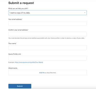 Quora data request form.