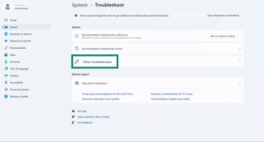 Windows Troubleshoot settings highlighting the Other troubleshooters option.