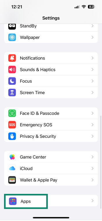 iPhone screenshot showing the Apps option in the Settings menu