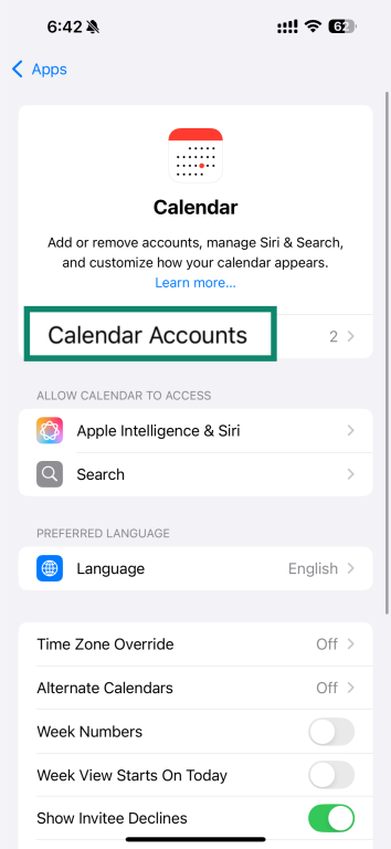 Image showing where to access Calendar Accounts on iPhone
