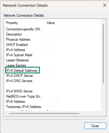 The Network Connection Details windows, highlighting the IPv4 default gateway row.