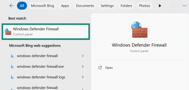 The Windows search bar showing “Windows Defender Firewall” as the best match, leading to the Control Panel.