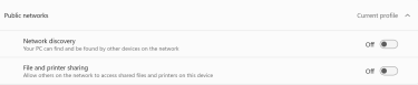 Advanced sharing settings for “Public networks” in Windows, with “Network discovery” and “File and printer sharing” toggled off.
