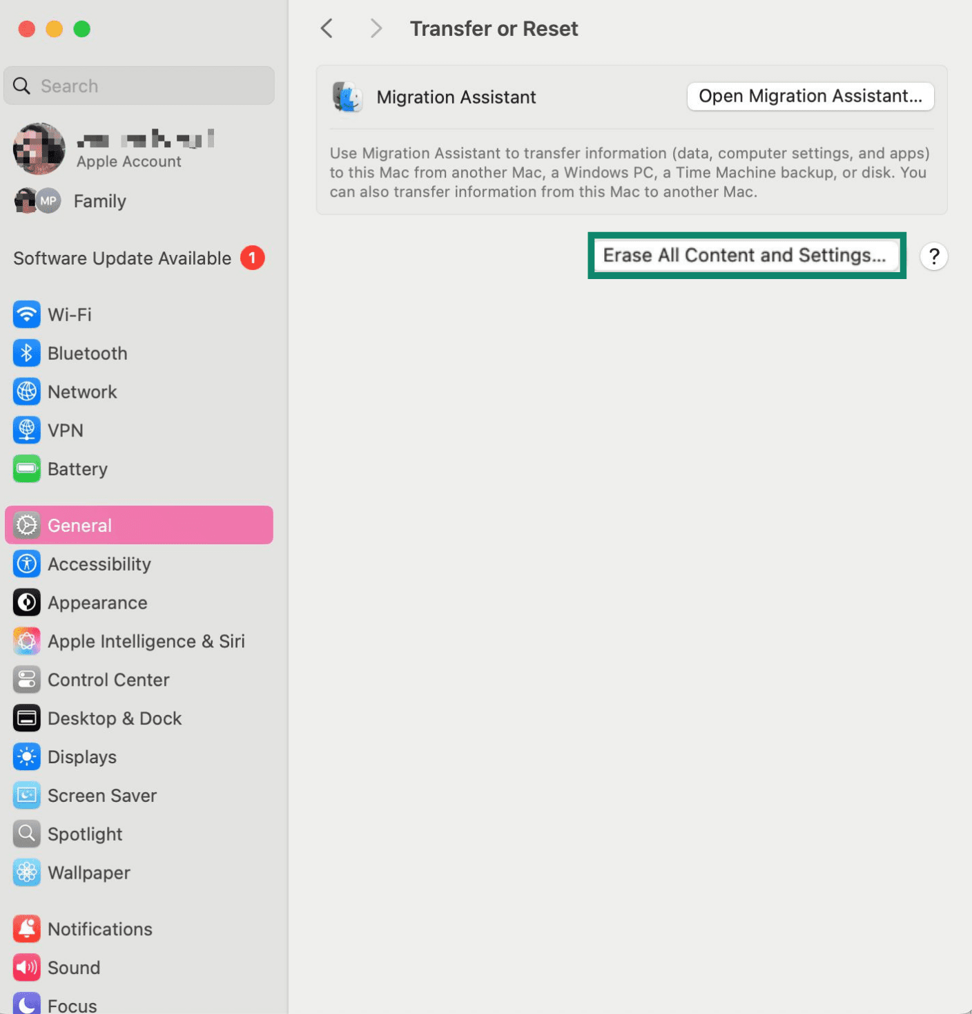 Transfer or Reset screen with Migration Assistant and Erase All Content and Settings button highlighted