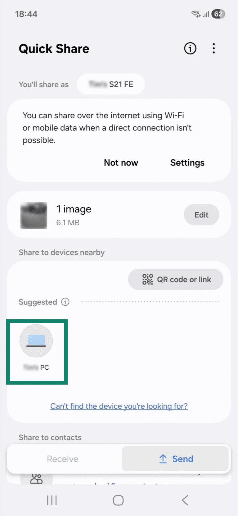 The "Quick Share" sharing options window on an Android phone. The user's PC, located under "Share to devices nearby" is highlighted.