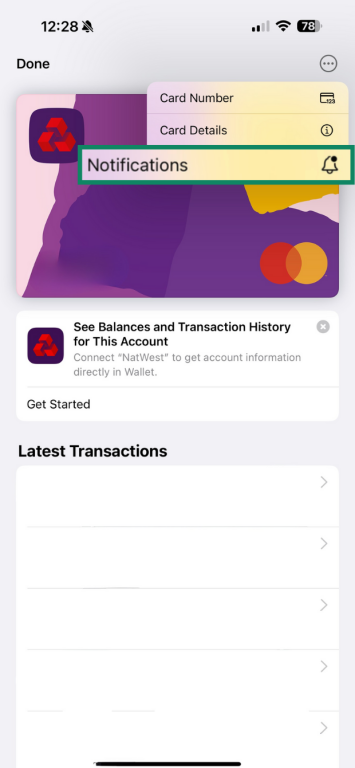 Enable notifications for cards in Apple Pay.