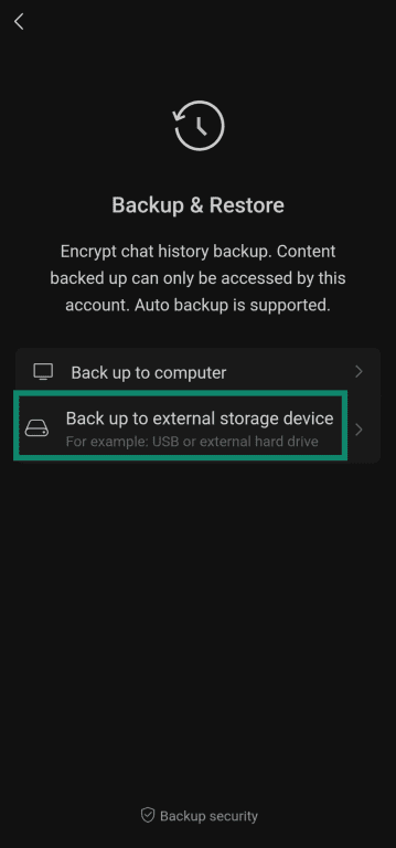 Choosing to backup WeChat chats to external storage device.