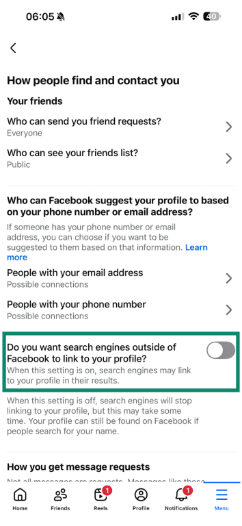 A toggle that lets you disable search engines from finding your profile on Facebook.