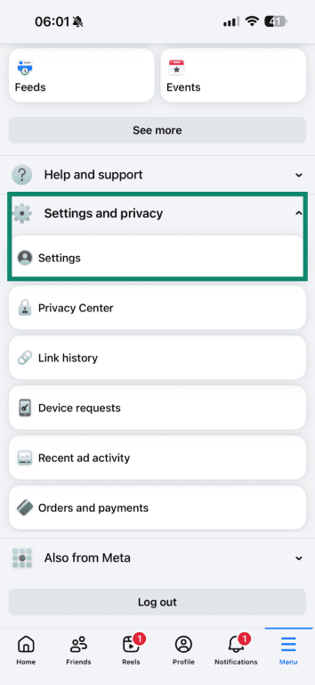 The Settings and Privacy menu fully open with the Settings option highlighted.