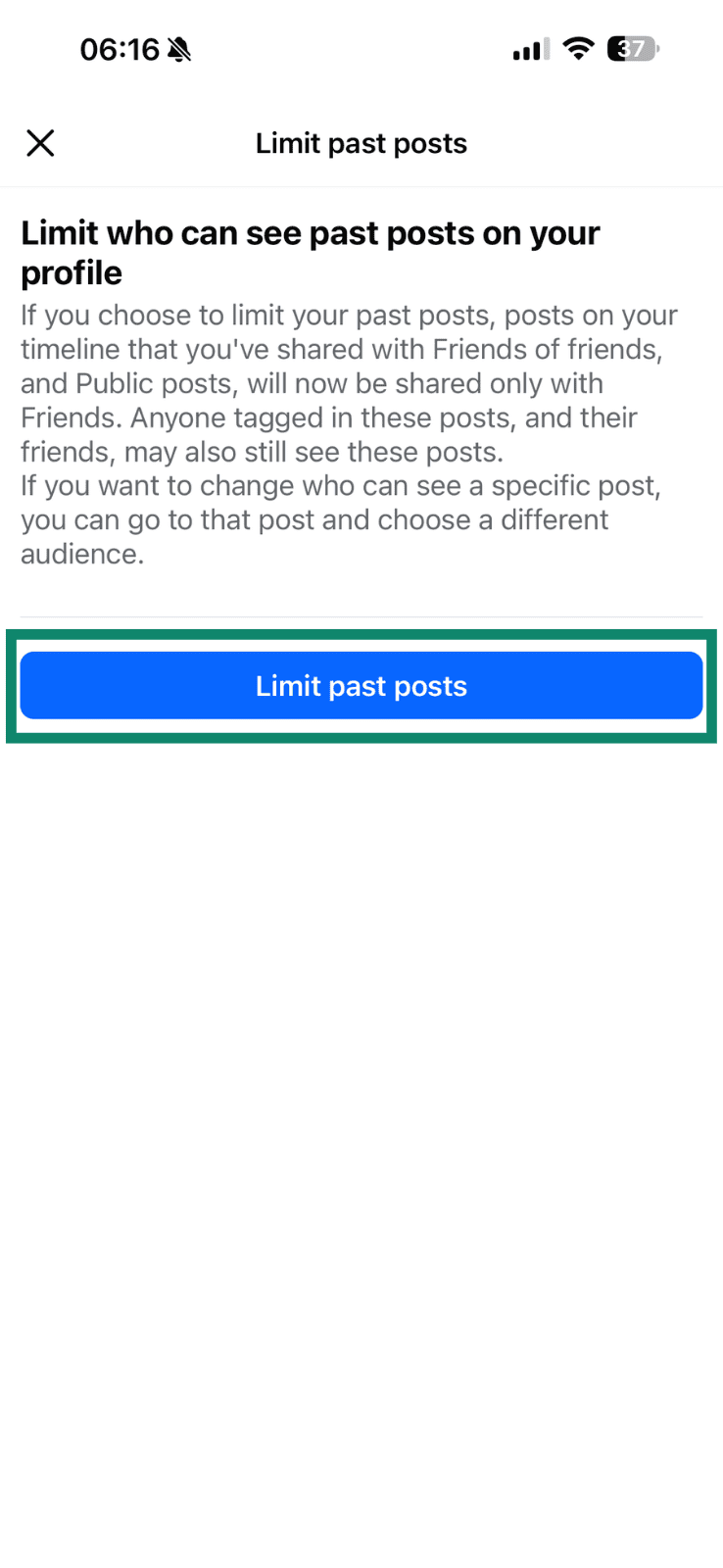 Explanation on how limiting past Facebook posts works (mobile app) with the Limit Past Posts button highlighted.