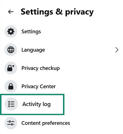 Settings & privacy menu list with the 'Activity log' option highlighted.