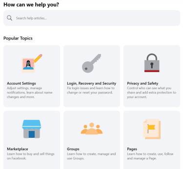 Facebook Help Center page featuring a search bar and popular help topics, including 'Login, Recovery and Security' and 'Privacy and Safety'.