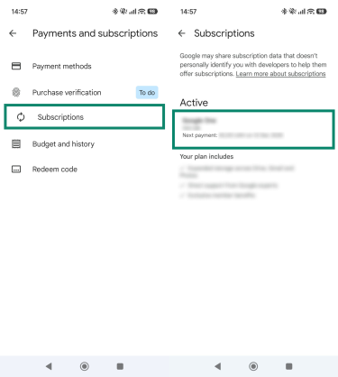 Screenshots from Android showing Google Play payments and subscription settings, highlighting Subscriptions and Active subscriptions.