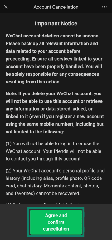 Notice about what happens to data after cancelling a WeChat account.