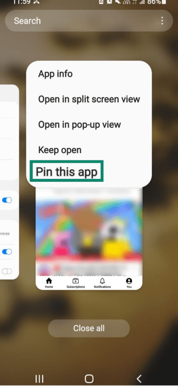 The dropdown that appears when you tap an app icon, with Pin this app highlighted.