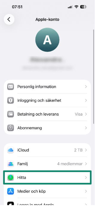 Apple Account settings screen with the Find My option highlighted.