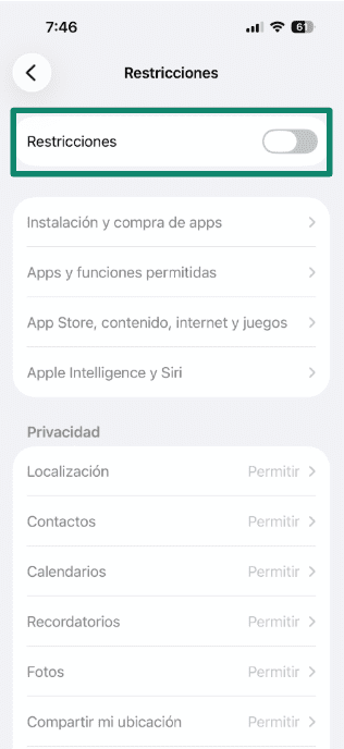 Content & Privacy Restrictions screen with toggle switched off.