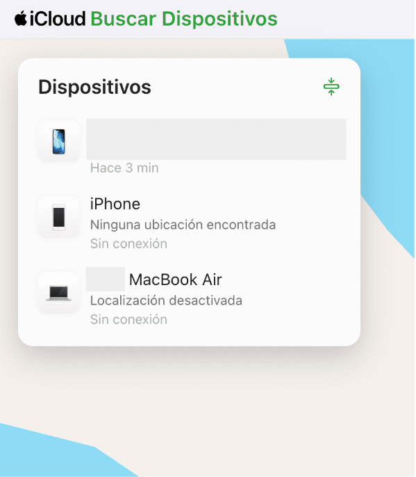 Find Devices screen showing a list of Apple devices linked to the account.
