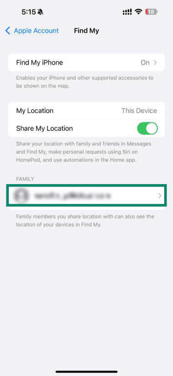 Find My settings page showing location sharing options.
