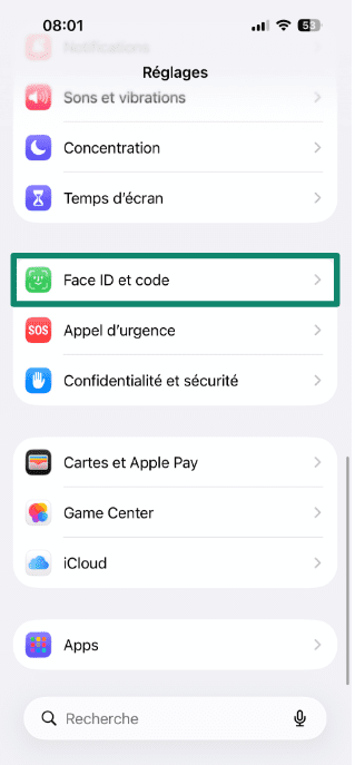 iPhone Settings screen highlighting the Face ID & Passcode option.