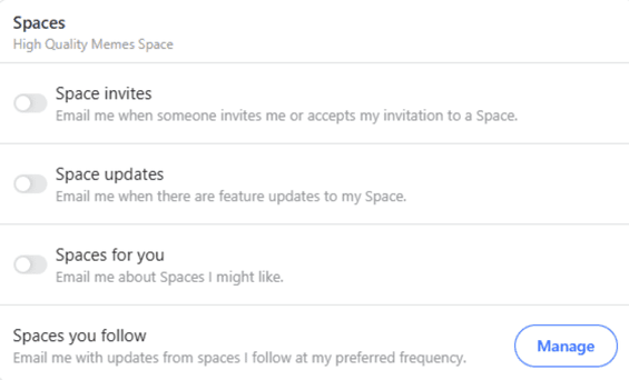 The Quora email notification sliders for Spaces.