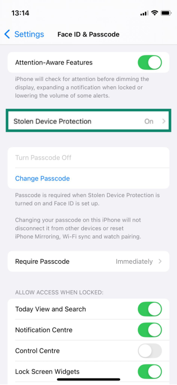 Turning on the "Stolen Device Protection" on an iPhone.
