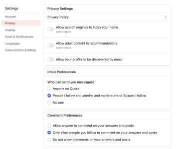 The Quora Privacy tab is selected and the privacy settings are in their default settings.