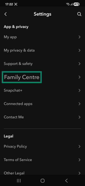 Snapchat "Settings" menu with the "Family Center" option highlighted.