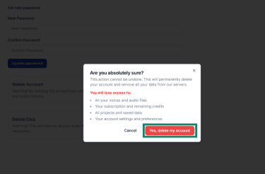 Account delete confirmation message that appears on clicking the Delete account button.