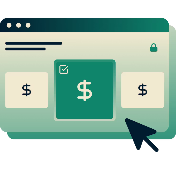 Bestelpagina met 3 abonnementsvormen en een cursor die over het groene abonnement zweeft.