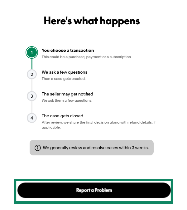 Screenshot showing PayPal's report a problem button