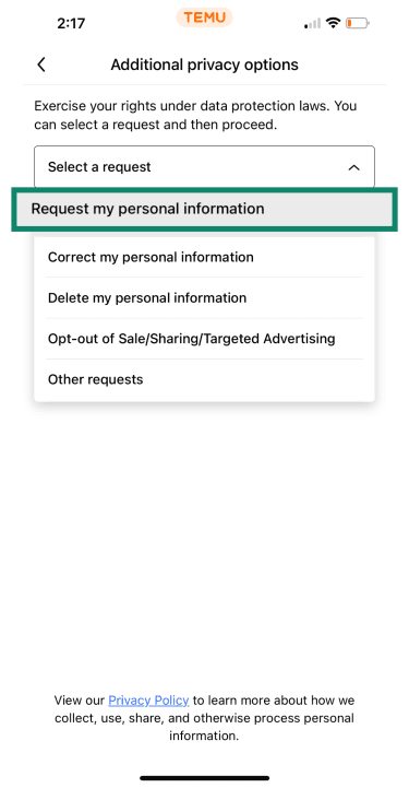Temu privacy options with Request my personal information highlighted.