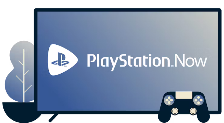 Écran avec logo Playstation Now, manette et plante.