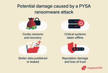 An infographic showing the main types of damage caused by PYSA ransomware attacks