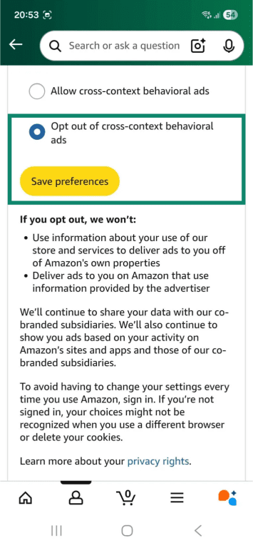 The ad settings on the Android Amazon Shopping app. The "Opt out of cross-context behavioral ads" option is highlighted.