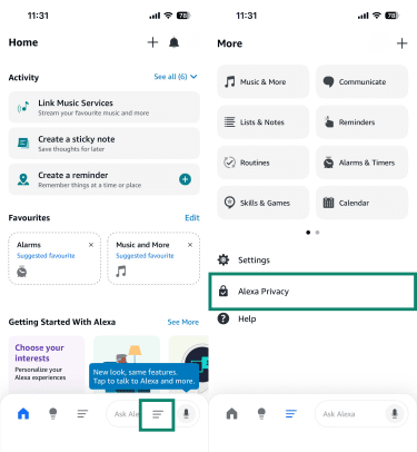 two screenshots of the Alexa app side by side. The First image shows the More menu button highlighted. The second screenshot shows the Alexa Privacy button highlighted.