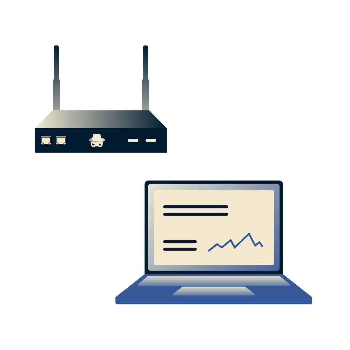 Ein Router mit Totenkopf und Knochen stiehlt Daten von einem Laptop über Wi-Fi.