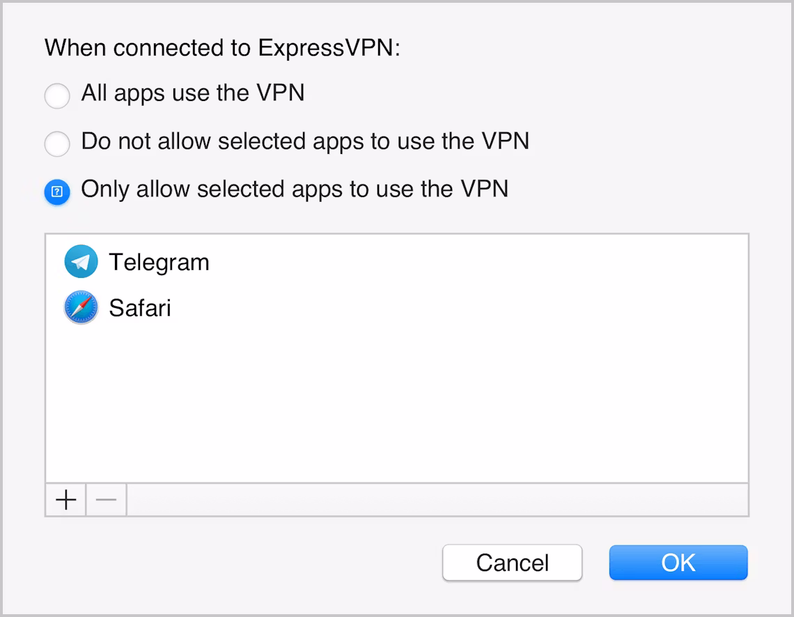 선택된 앱만 VPN으로 보호되는 설정을 보여주는 Mac용 ExpressVPN 앱 인터페이스