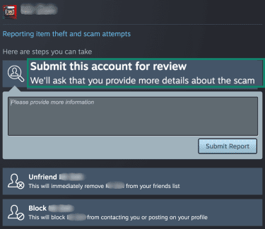 Providing details of the incident when reporting item theft and scam incidents.