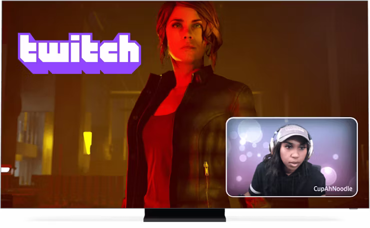 Twitch logo, game, and streamer on screen.