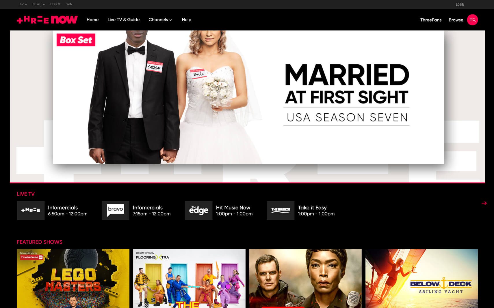 ThreeNow home page user interface.