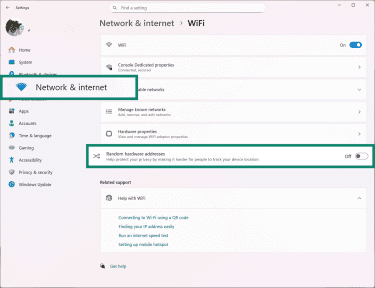 Windows 11 Network and Internet settings page, showing how enable random hardware addresses.