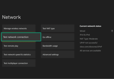 The Xbox network settings menu, with the test network connection button highlighted.