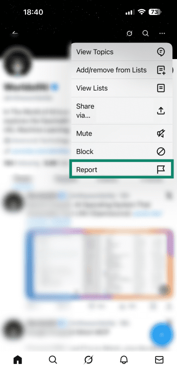 An X profile menu with the Report option highlighted.