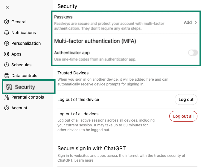 Security menu selected, highlighting passkeys and multi-factor authentication settings within the ChatGPT security page.