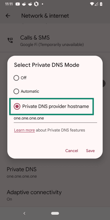 Android screen with Private DNS provider hostname selected.